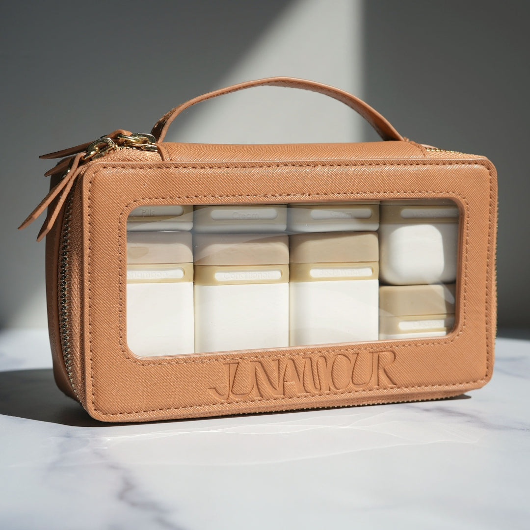 TSA compliant clear travel toiletry bag with Junamour jars for organized packing