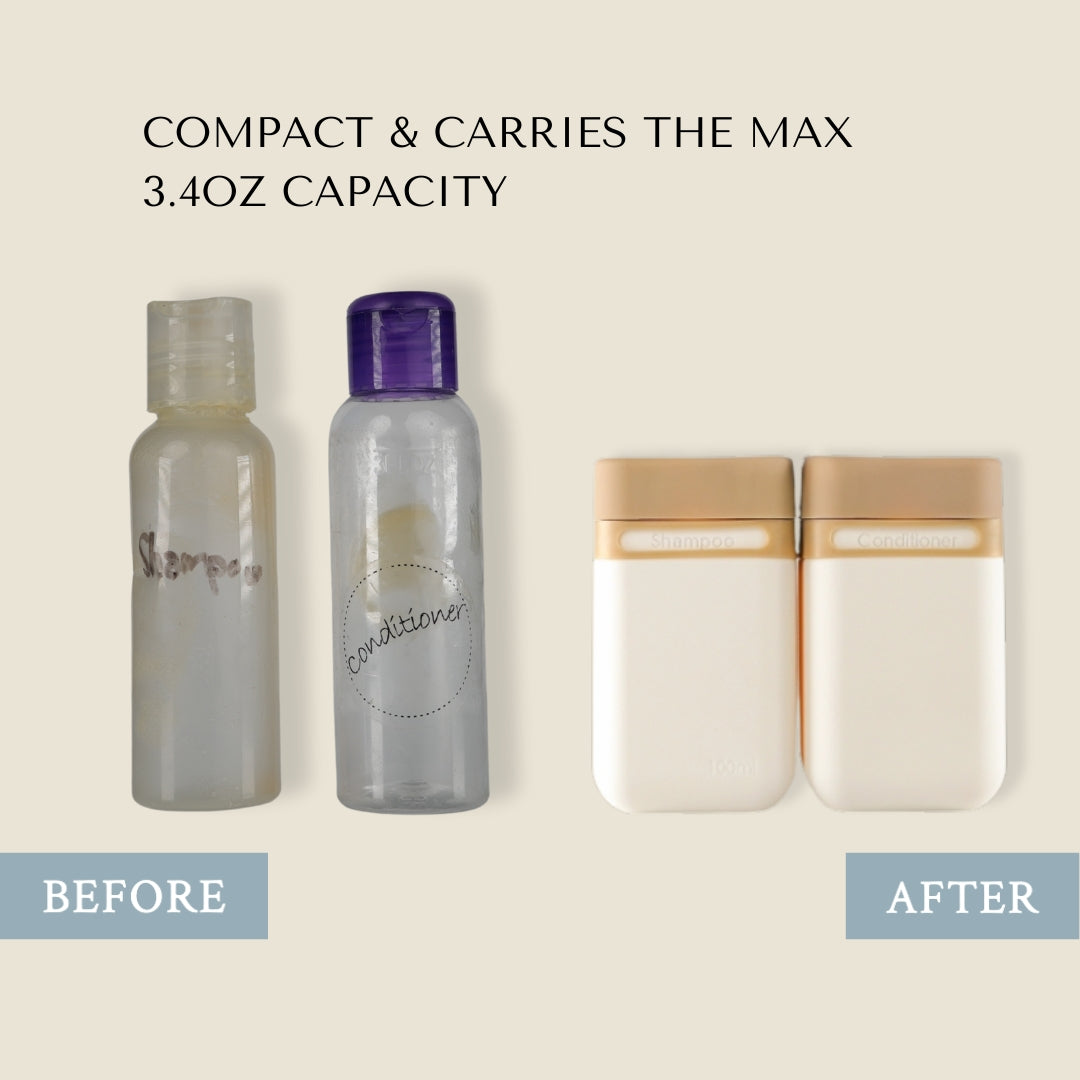 TSA quart bag layout with premium leak proof labeled travel containers neatly organized